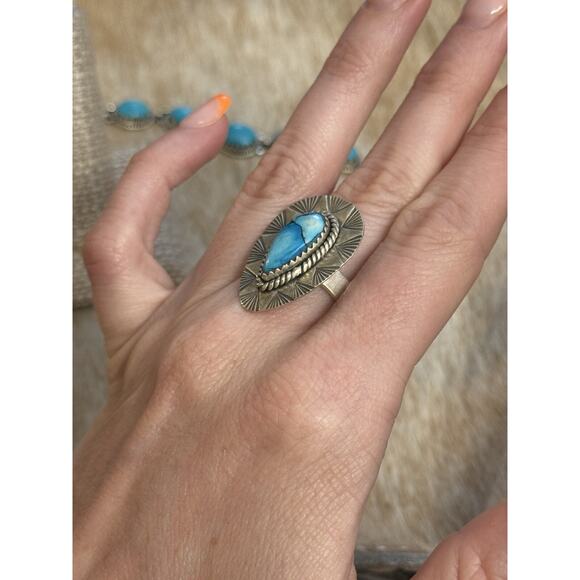 Native American SW Sterling Silver Blue Ice Dahlia Tear Drop Ring Adj🩵Stamped - Picture 3 of 10
